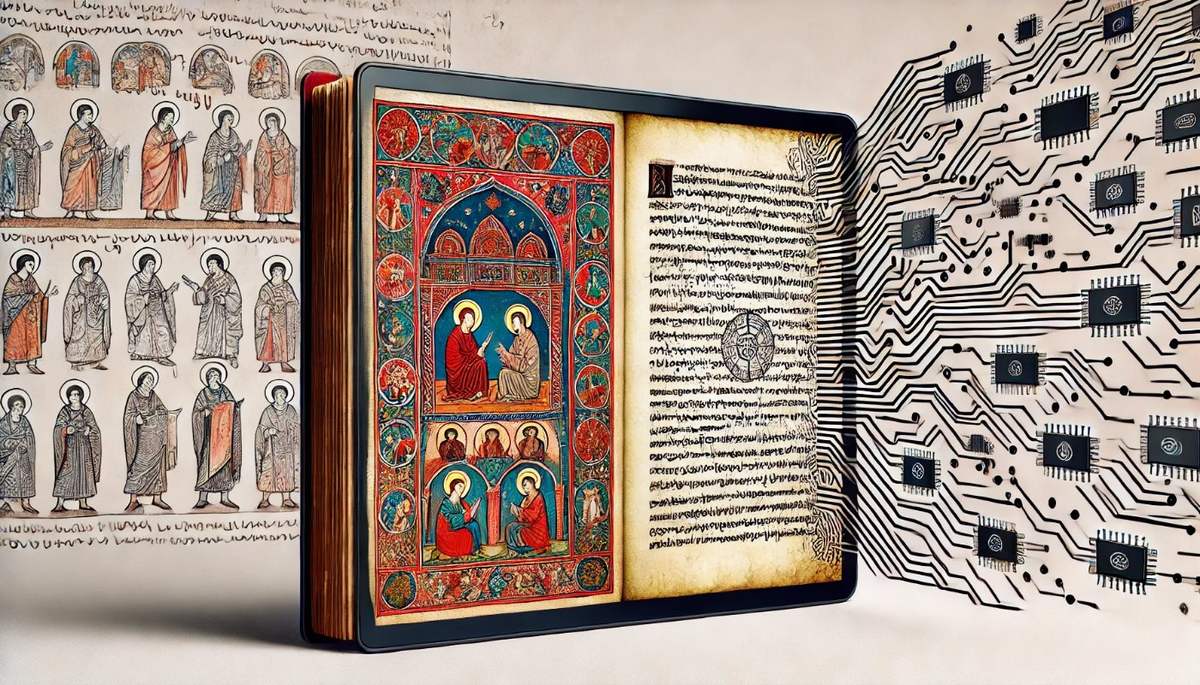 An illuminated Armenian manuscript flowing into a circuit board — the catalogue as structured data